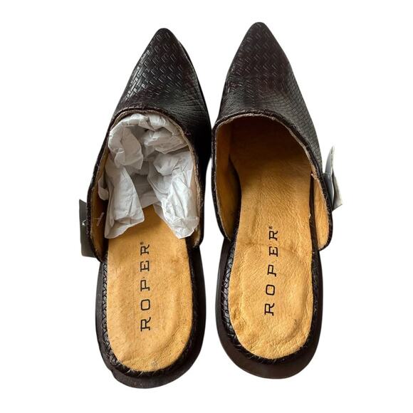 NWT Roper Women's Brown Leather Mary Embossed Basketweave Mules Shoes Size 9.5 - Picture 5 of 8
